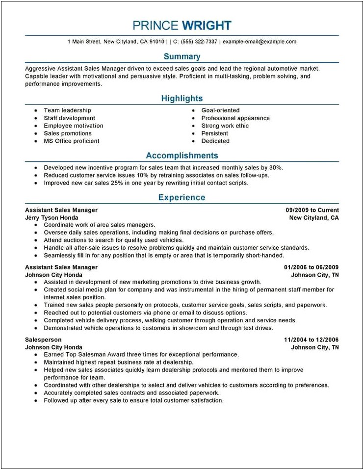 Resume Description For Restaurant Assistant Manager