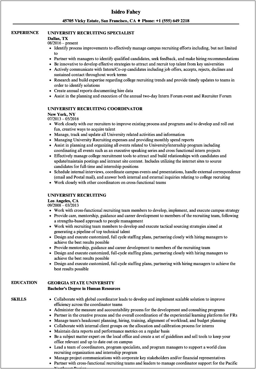 Resume Description For University Relations Recruiter