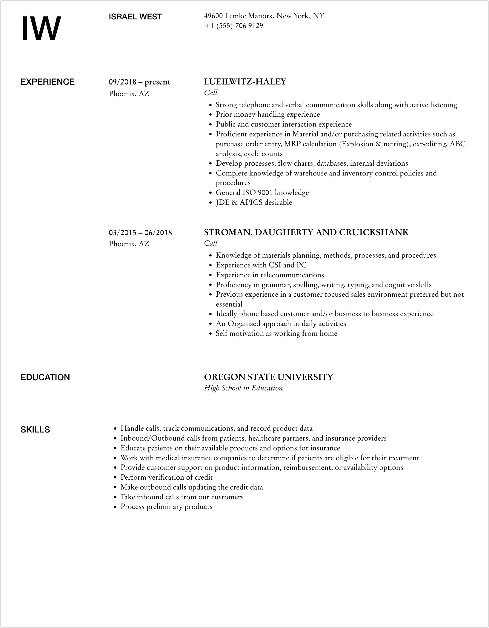 Resume Description Handle Phone Calls Mail And Emails