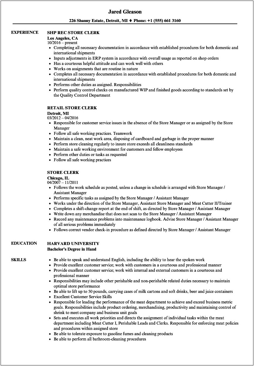 Resume Description Of C Store Clerk