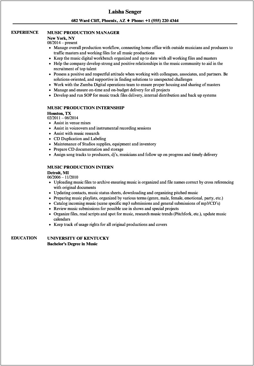 Resume Designed To Work For Music Industry