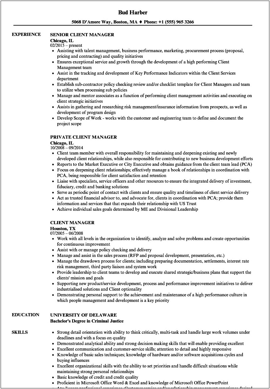 Resume Example Client Manager With High School Education