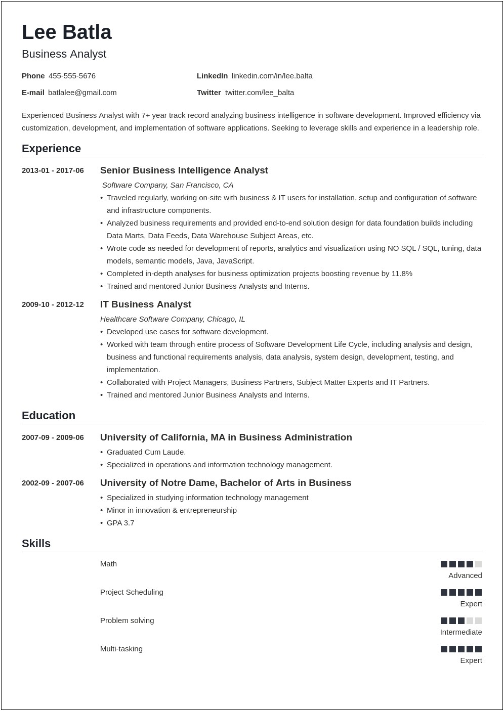 Resume Example Data Analysis Business Driven