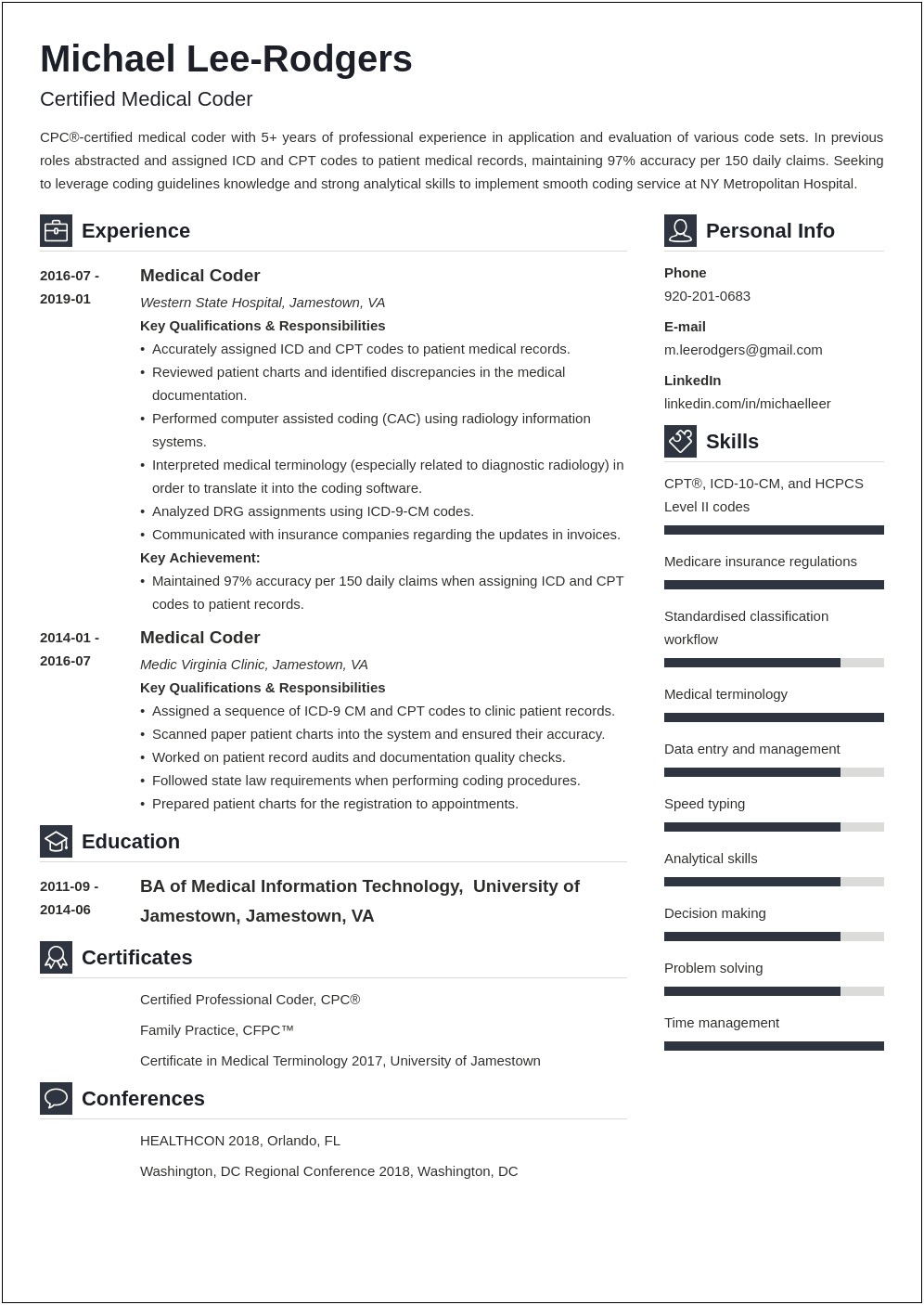 Resume Example For A Medical Coder