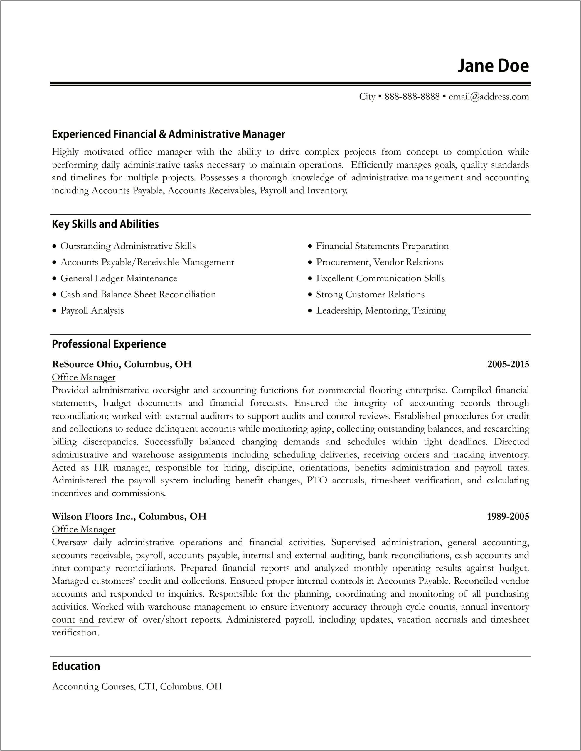 Resume Example For An Accounts Receivable Manager