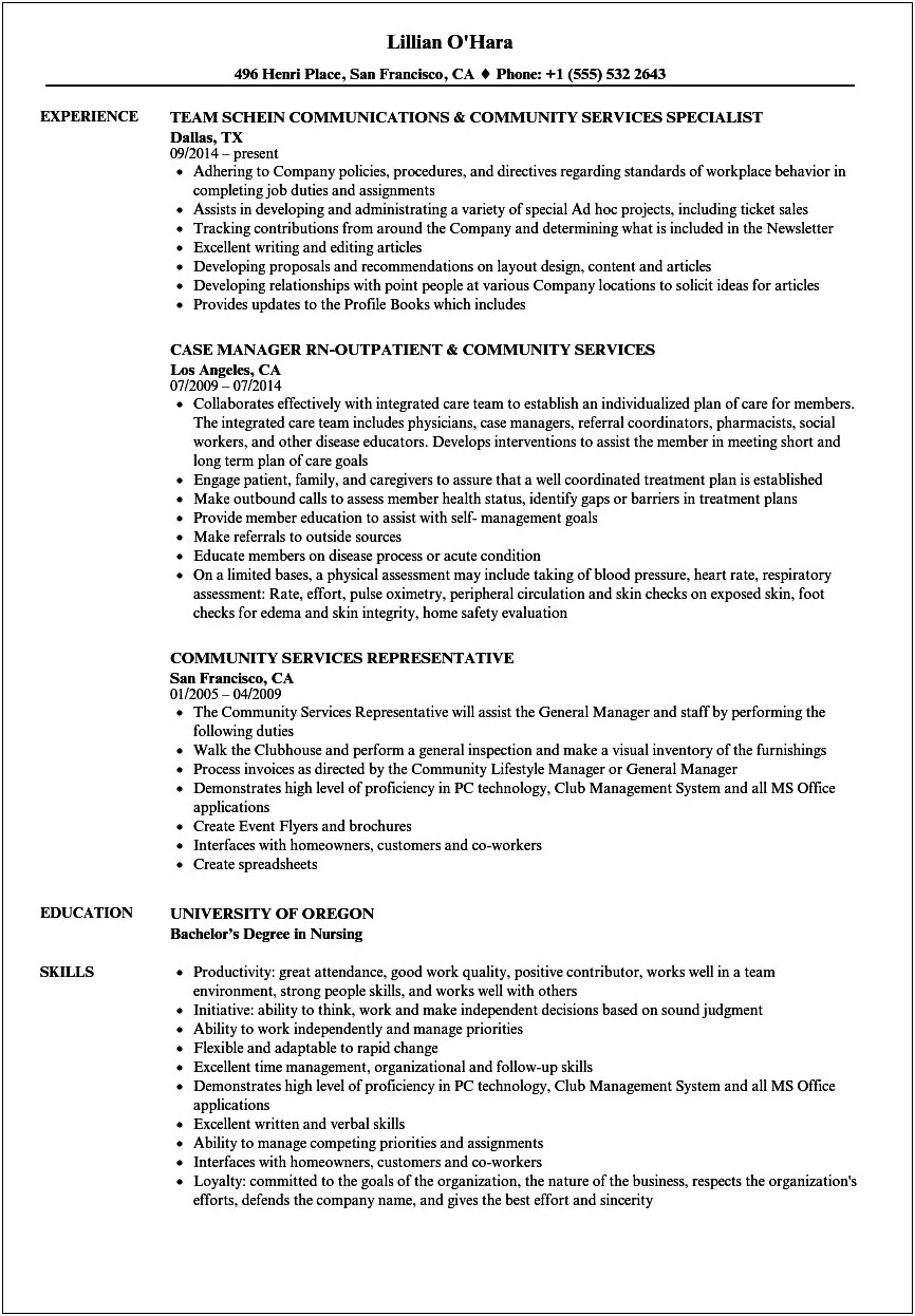 Resume Example For Community Service Manager