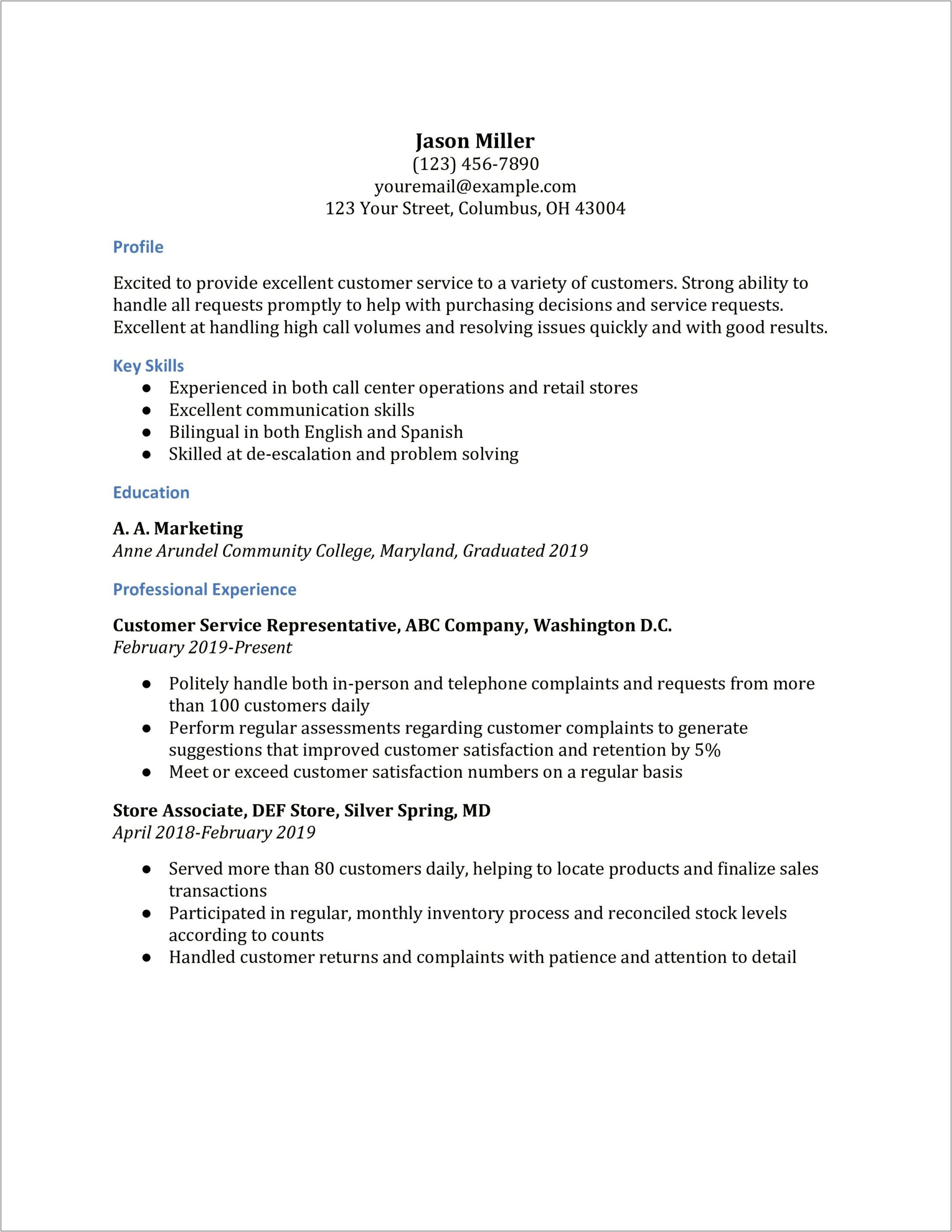 Resume Example For Customer Service Retail