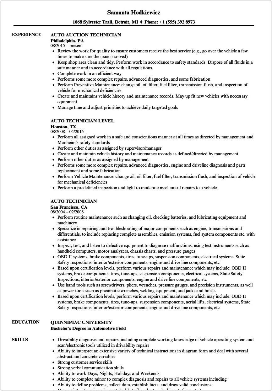 Resume Example For Duties Of An Automotive Mechanic