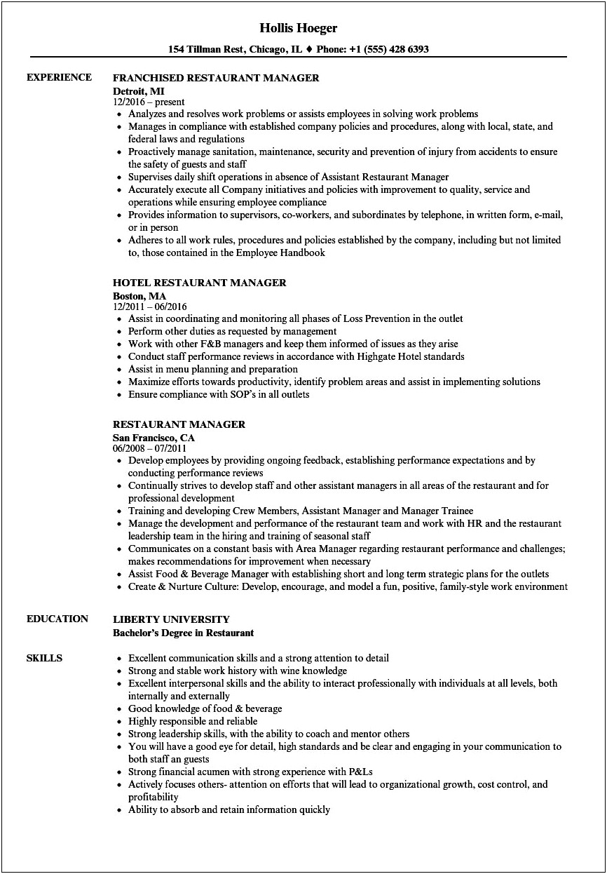 Resume Example For Fast Food Restaurant Manager