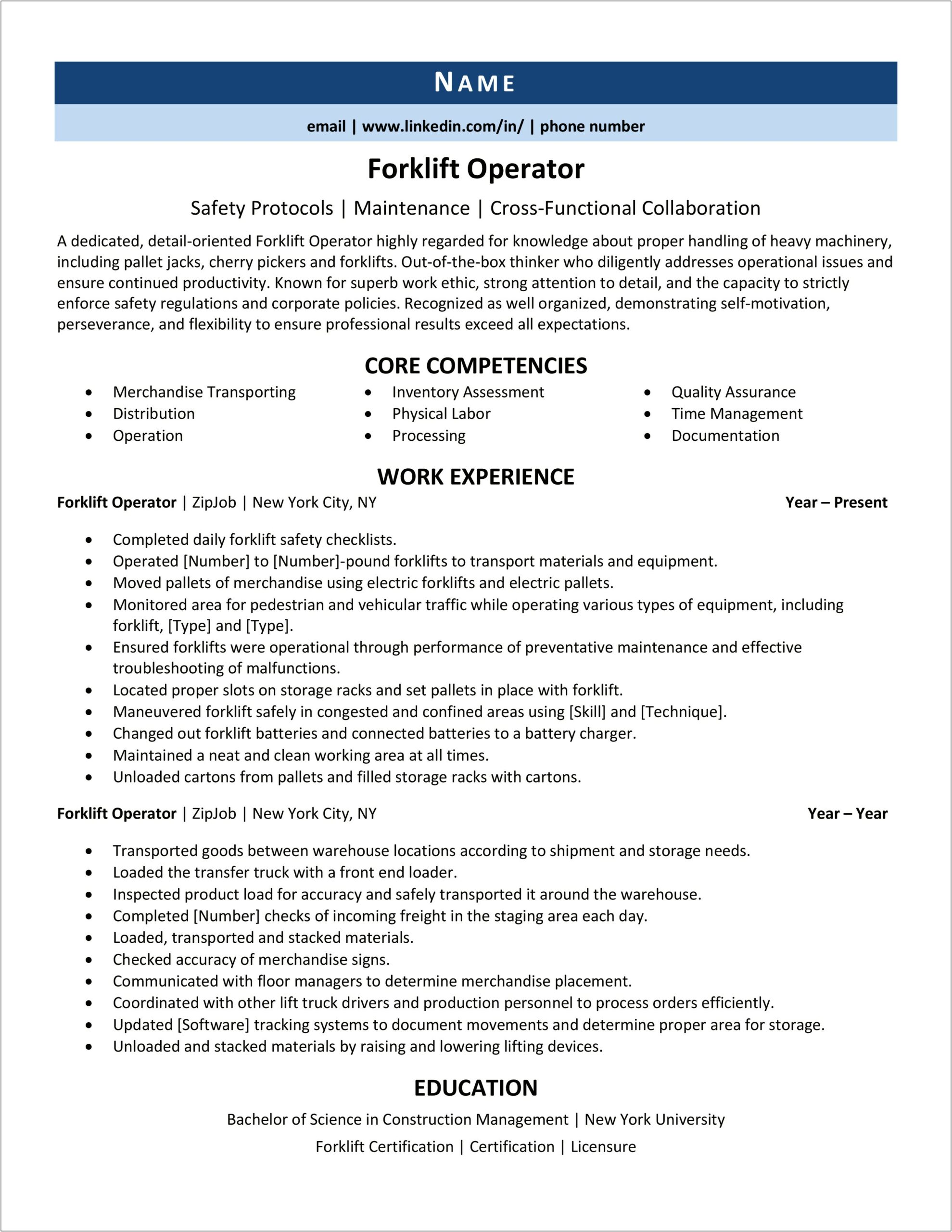 Resume Example For Forklift Warehouse Job
