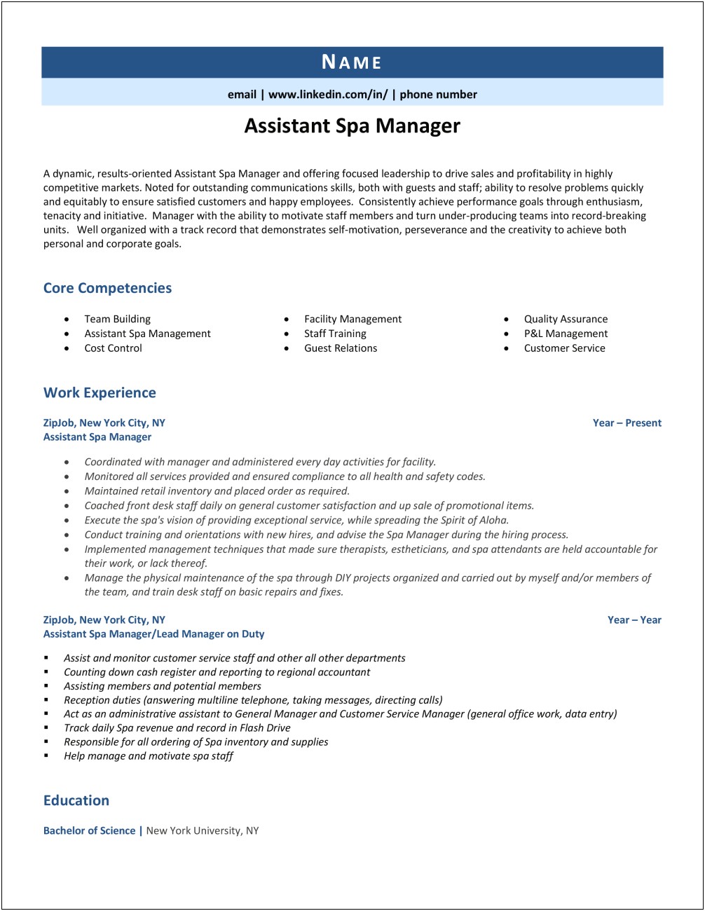 Resume Example For General Manager Of Spa