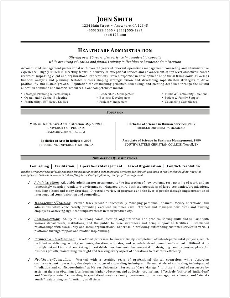 Resume Example For Healthcare Management Positiona