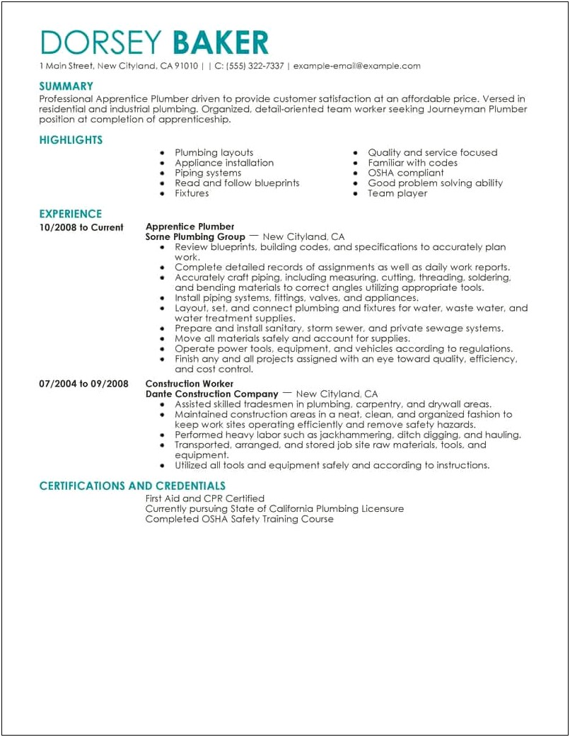 Resume Example For Master Plumber And Business Owner