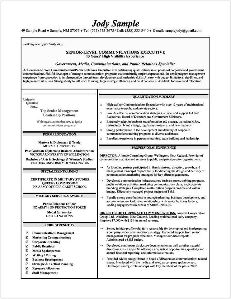 Resume Example For Military Public Relations