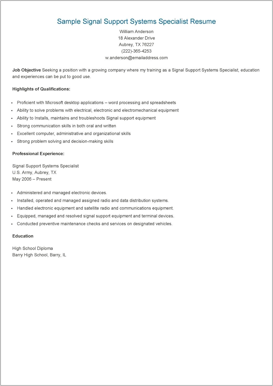 Resume Example For Signal Systems Support Specailist