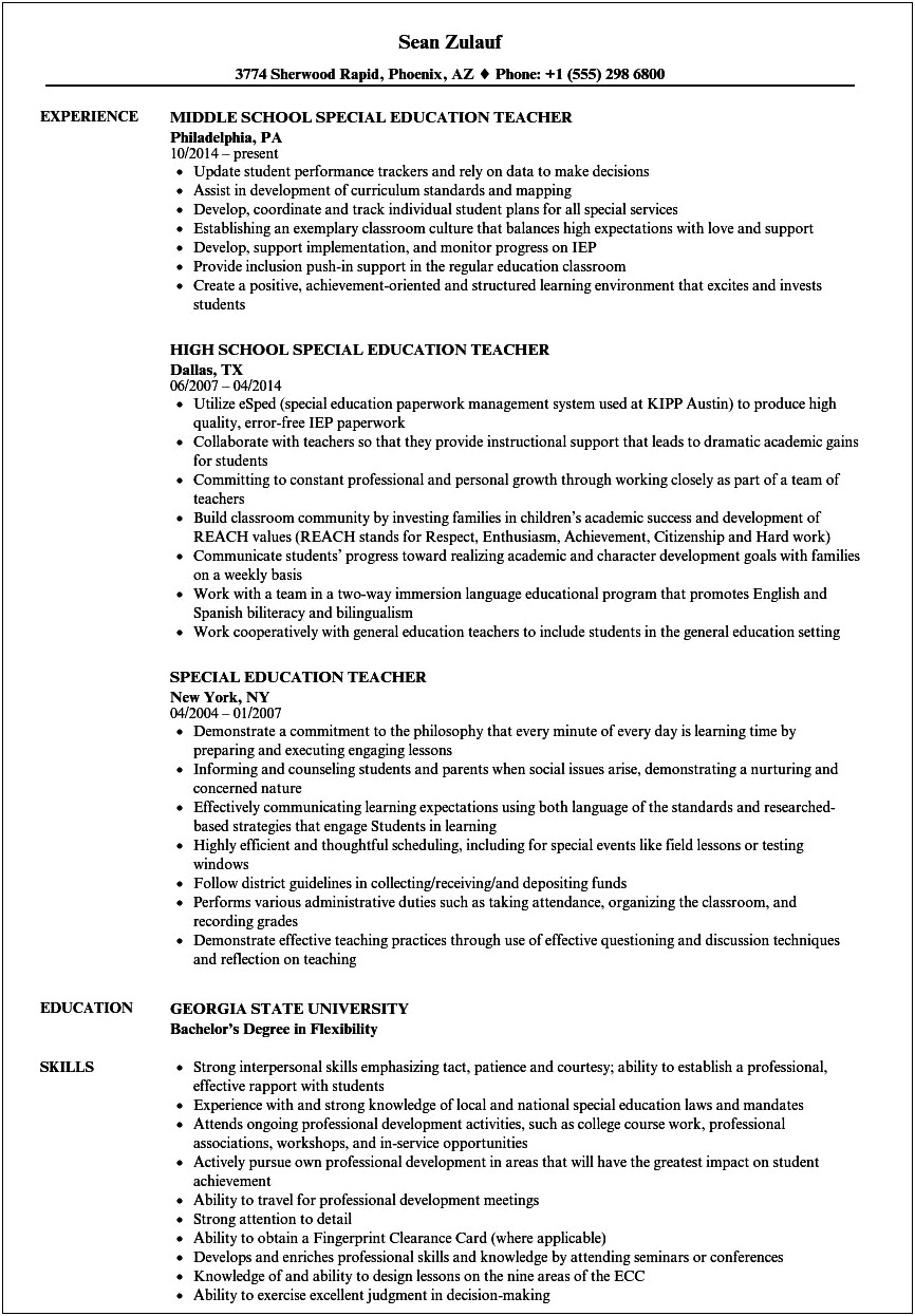 Resume Example For Special Education Teacher