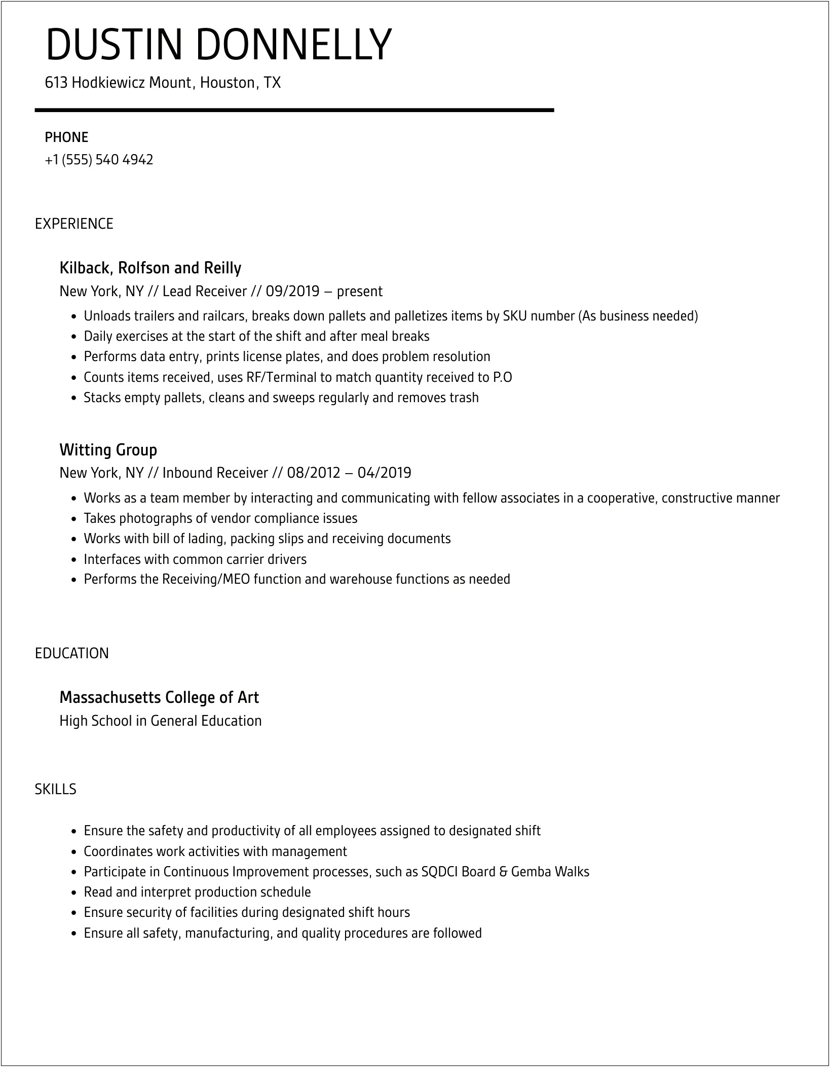 Resume Example For Whole Foods Receiver