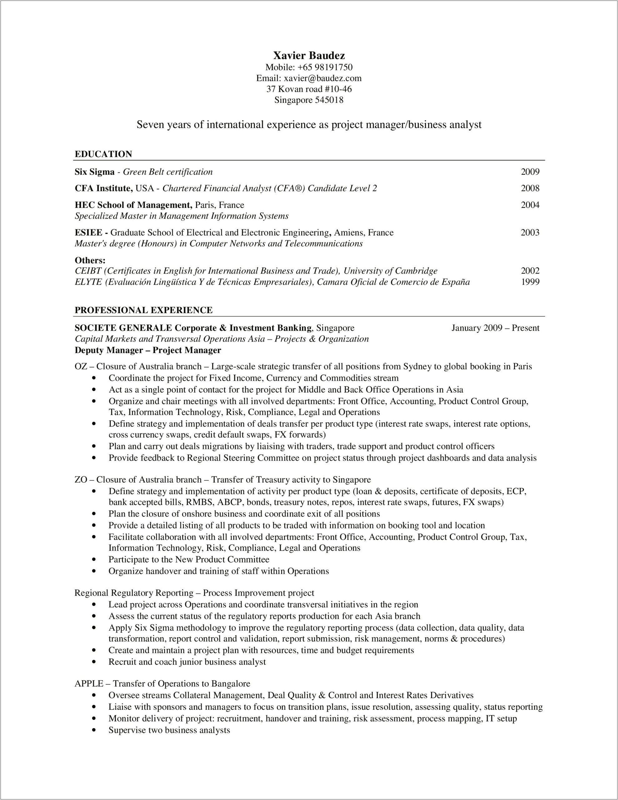 Resume Example Of Business Analyst For Recent Graduate