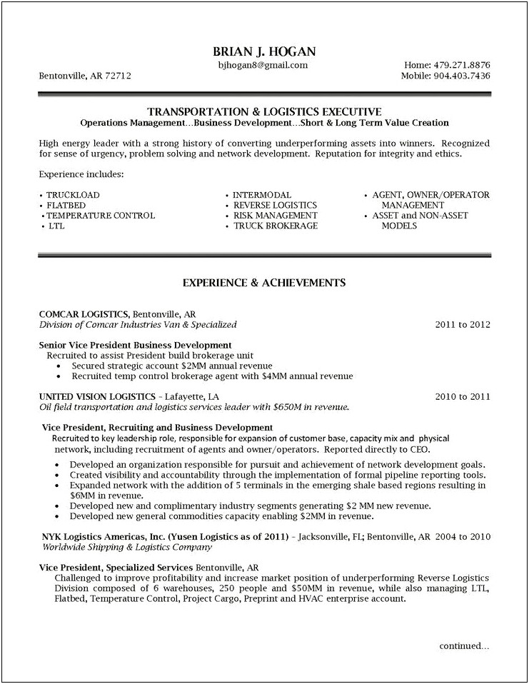 Resume Example Of Problem Solving In Logistics