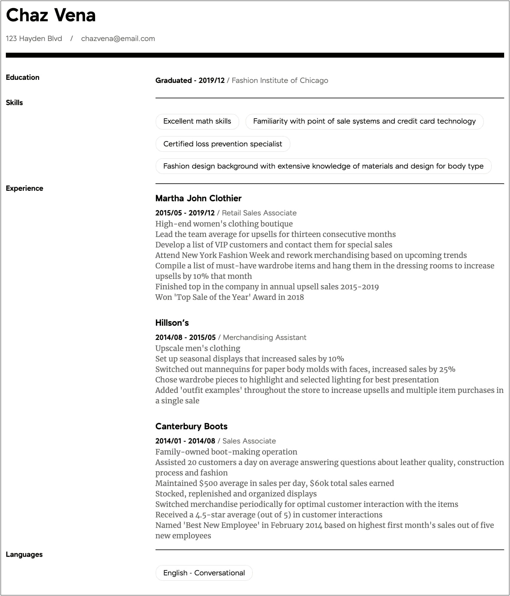 Resume Example To Work At A Clothing Store