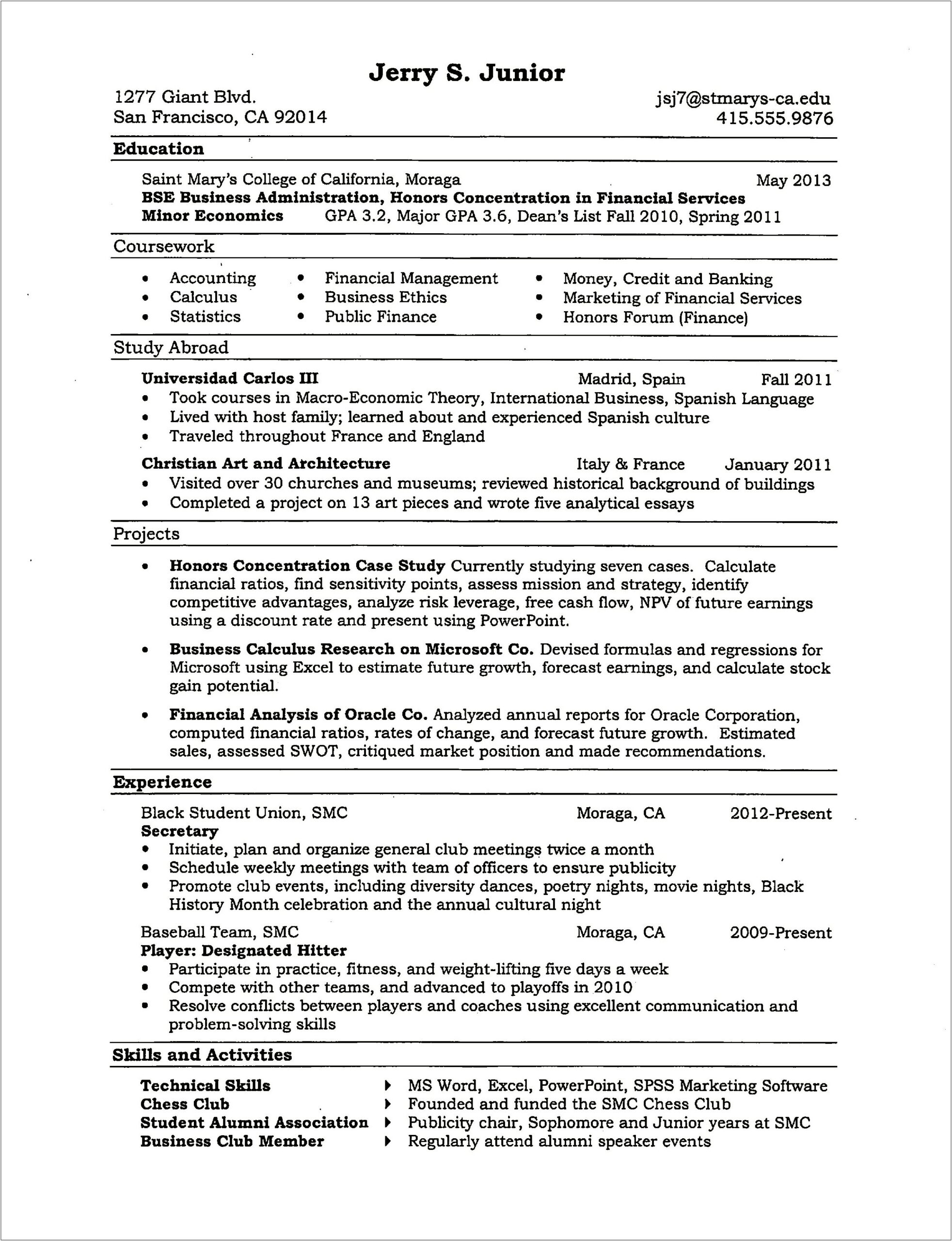 Resume Example With Major And Minor