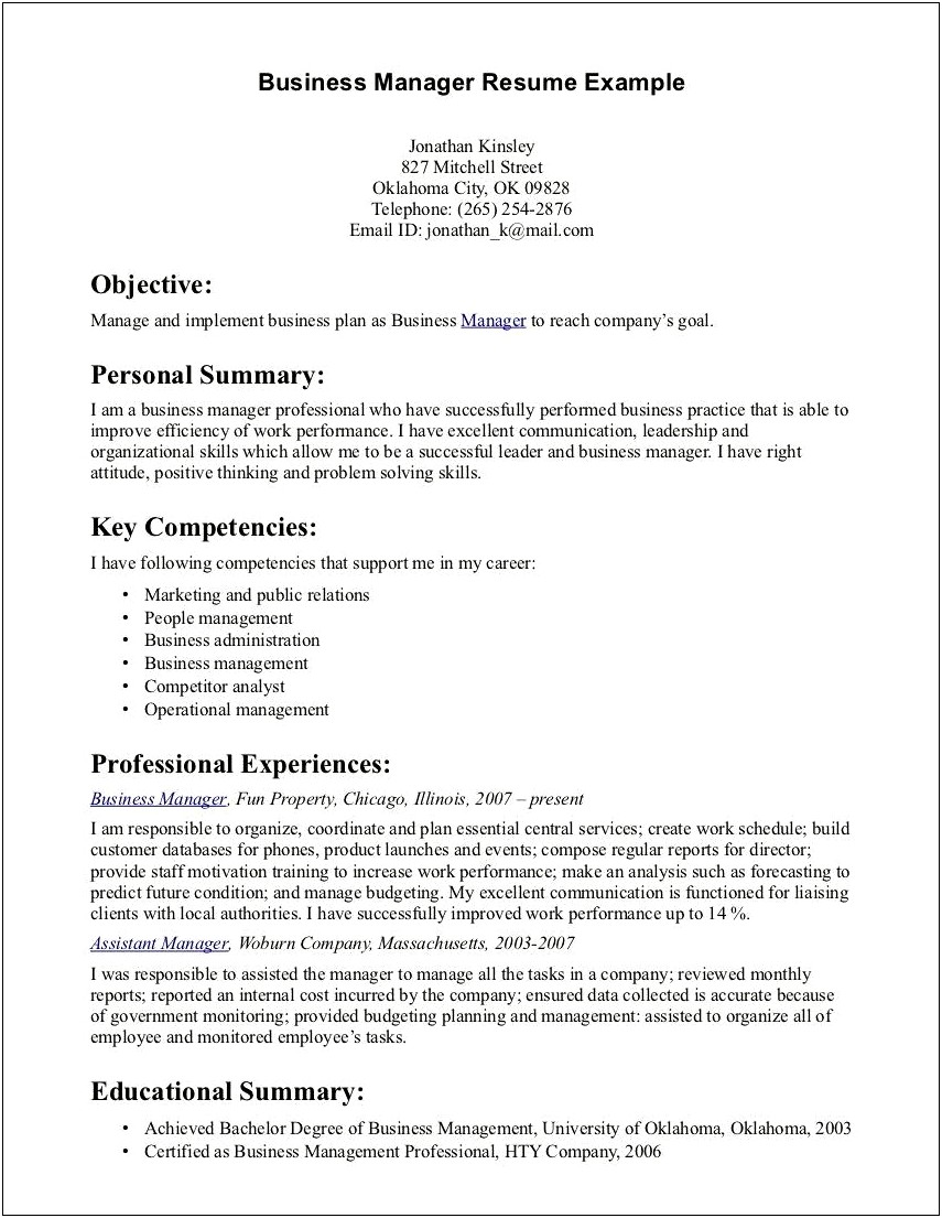 Resume Example With Objective And Competencies