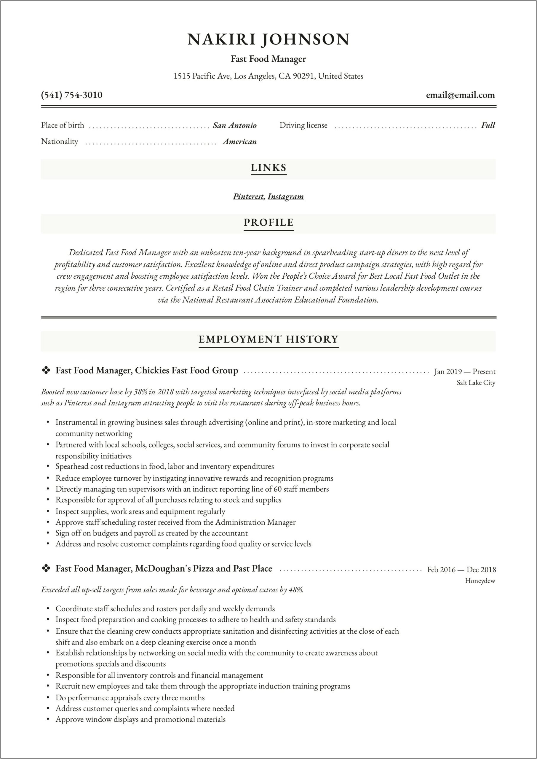 Resume Example With Only Fast Food Work