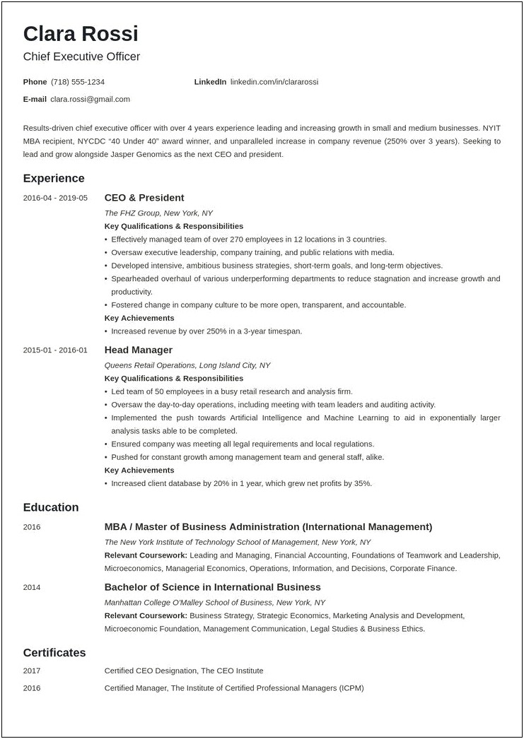 Resume Examples 2019 For Previous Business Owner