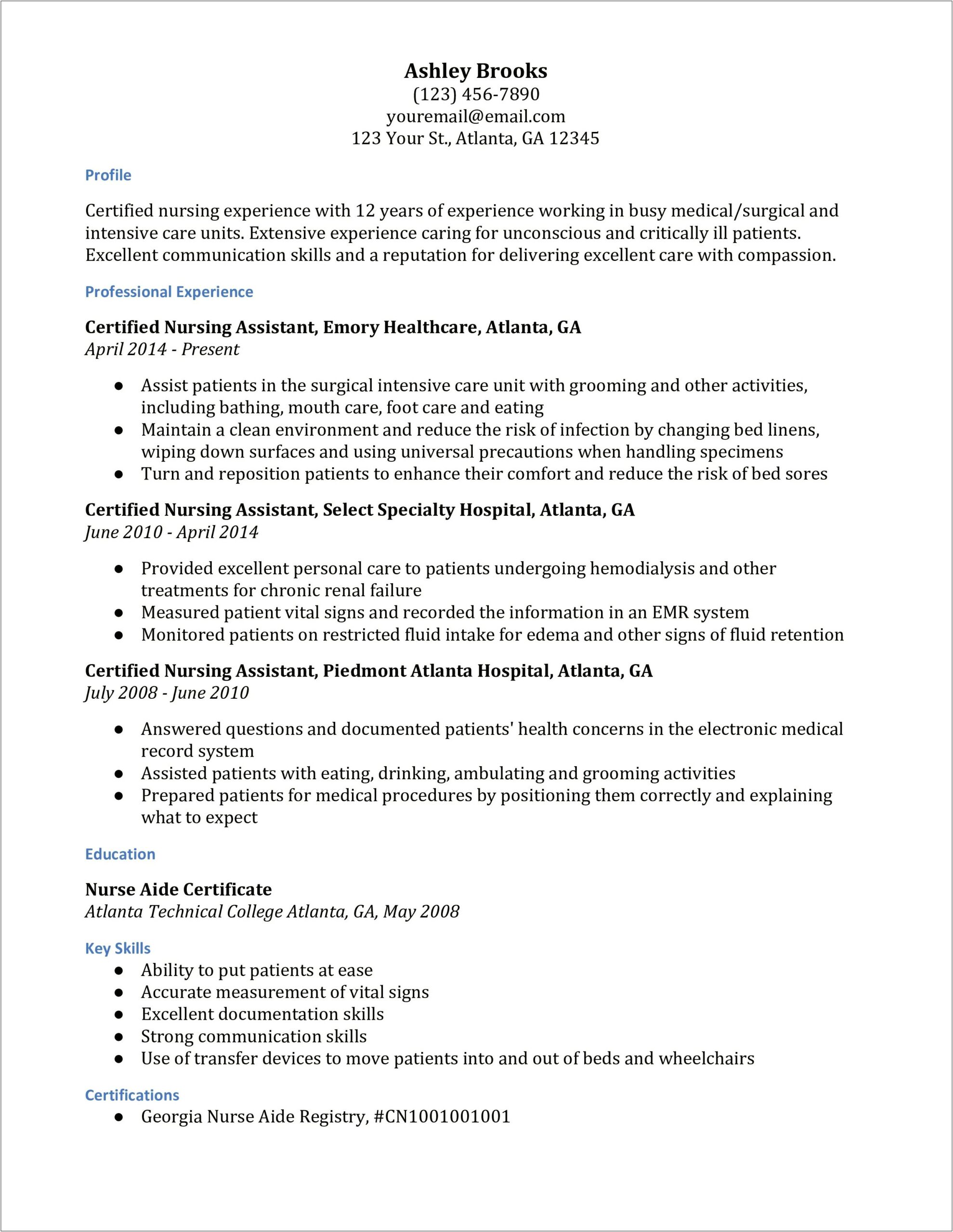 Resume Examples For A Certified Nurse Aide