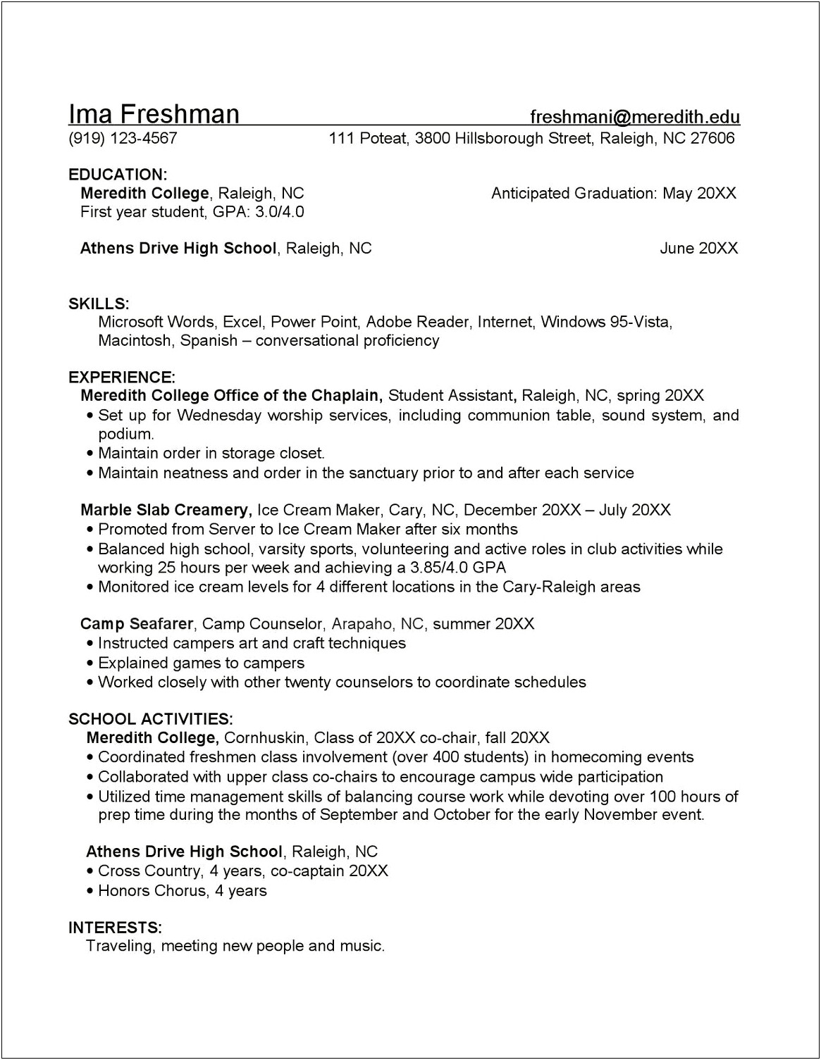 Resume Examples For A Freshmen In College