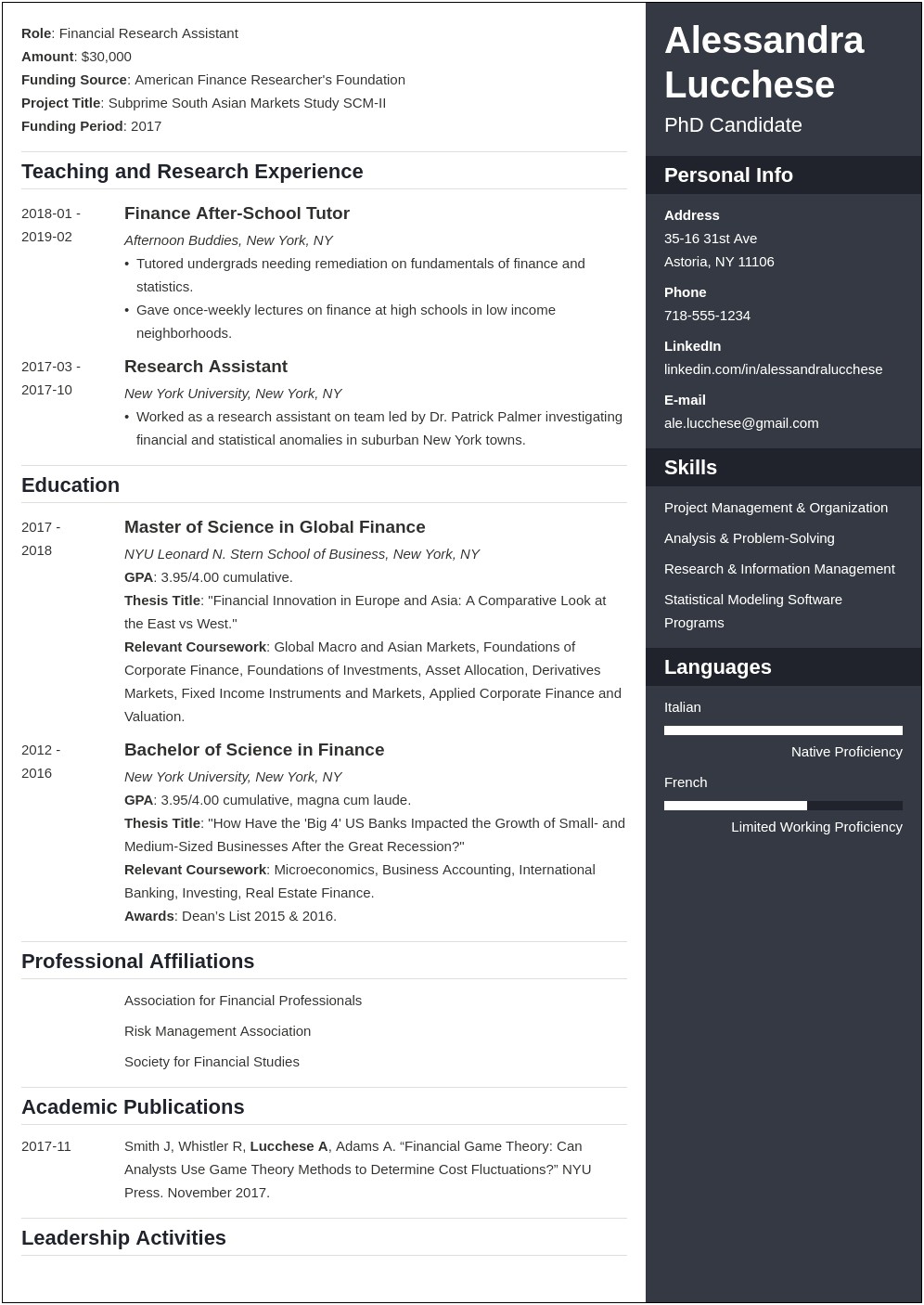 Resume Examples For Applications To Grad School