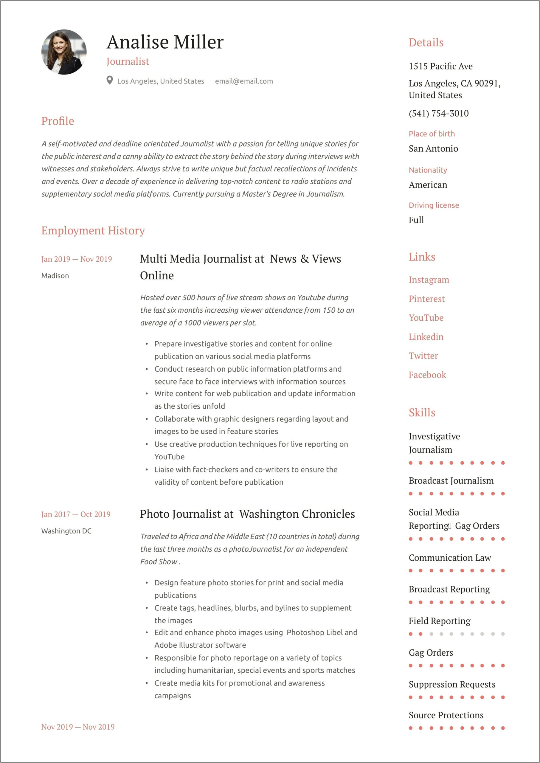 Resume Examples For Broadcast Journalist In College