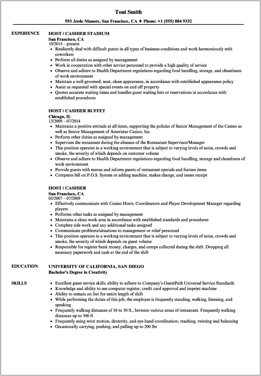 Resume Examples For Cashier At Fast Food