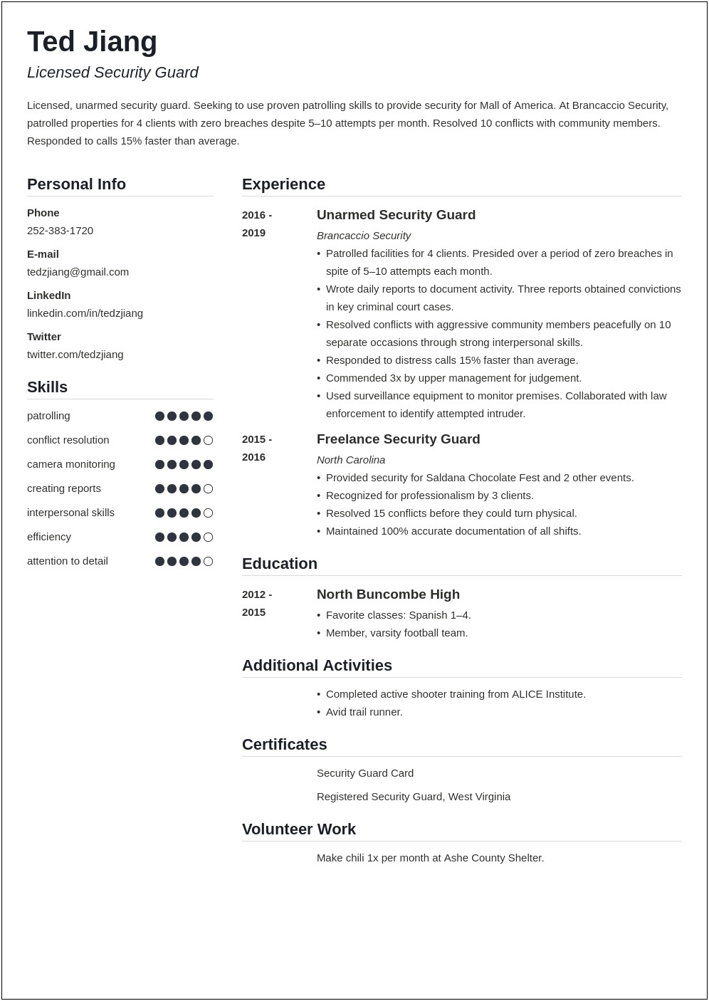Resume Examples For Church Security Guard