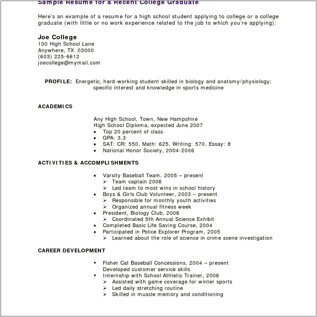 Resume Examples For College Graduates With Little Experience