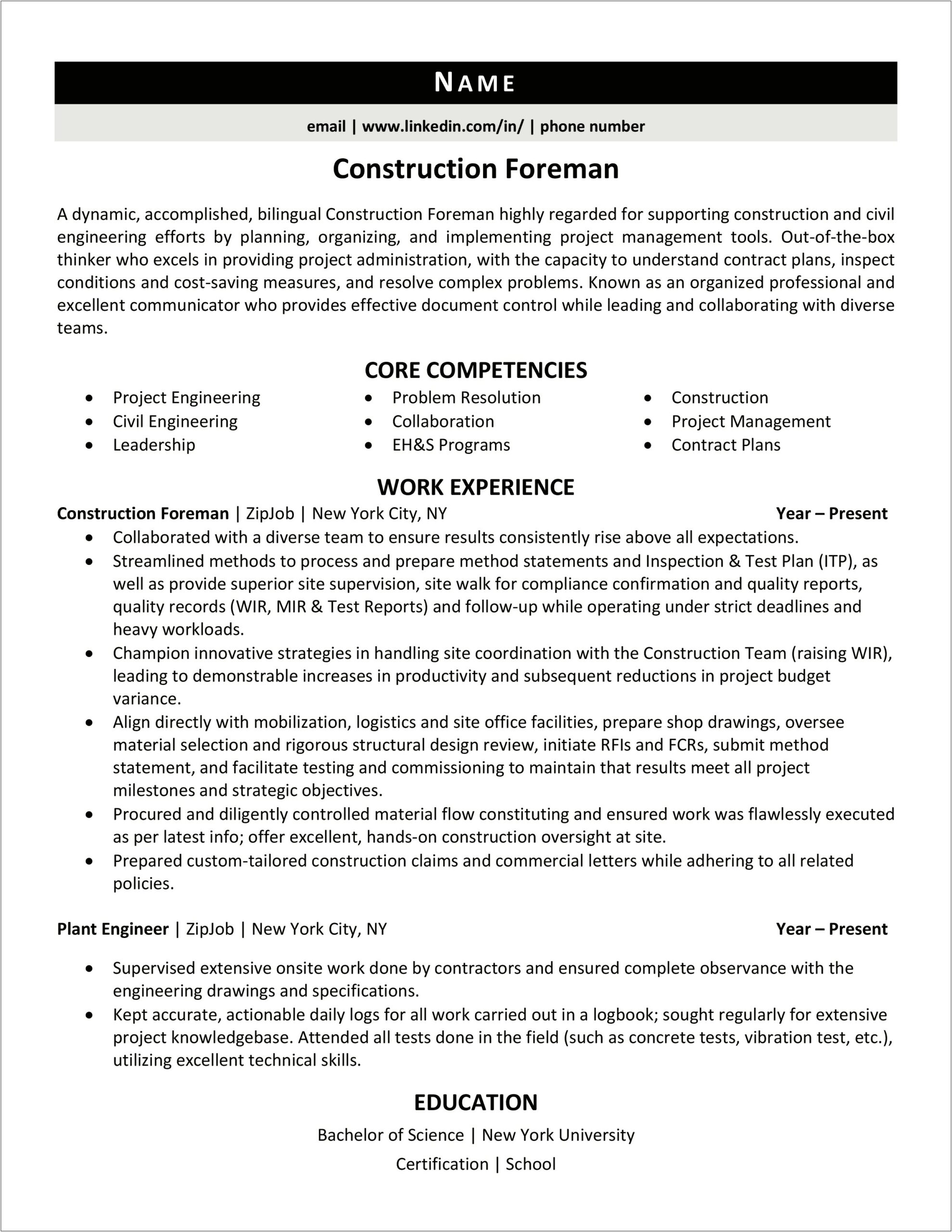 Resume Examples For Construction Job Descriptions