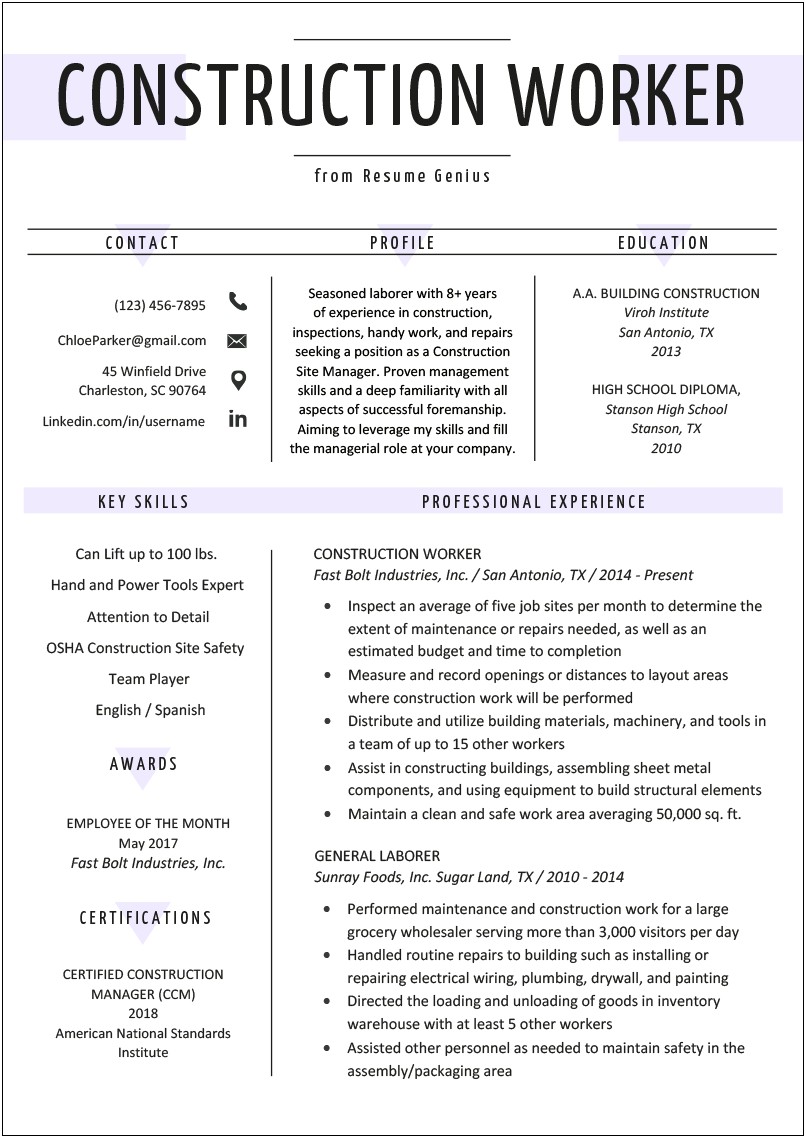 Resume Examples For Construction Job Discriptions