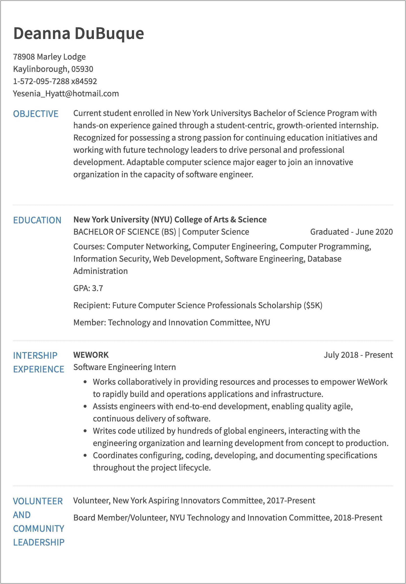 Resume Examples For Engineer Intern