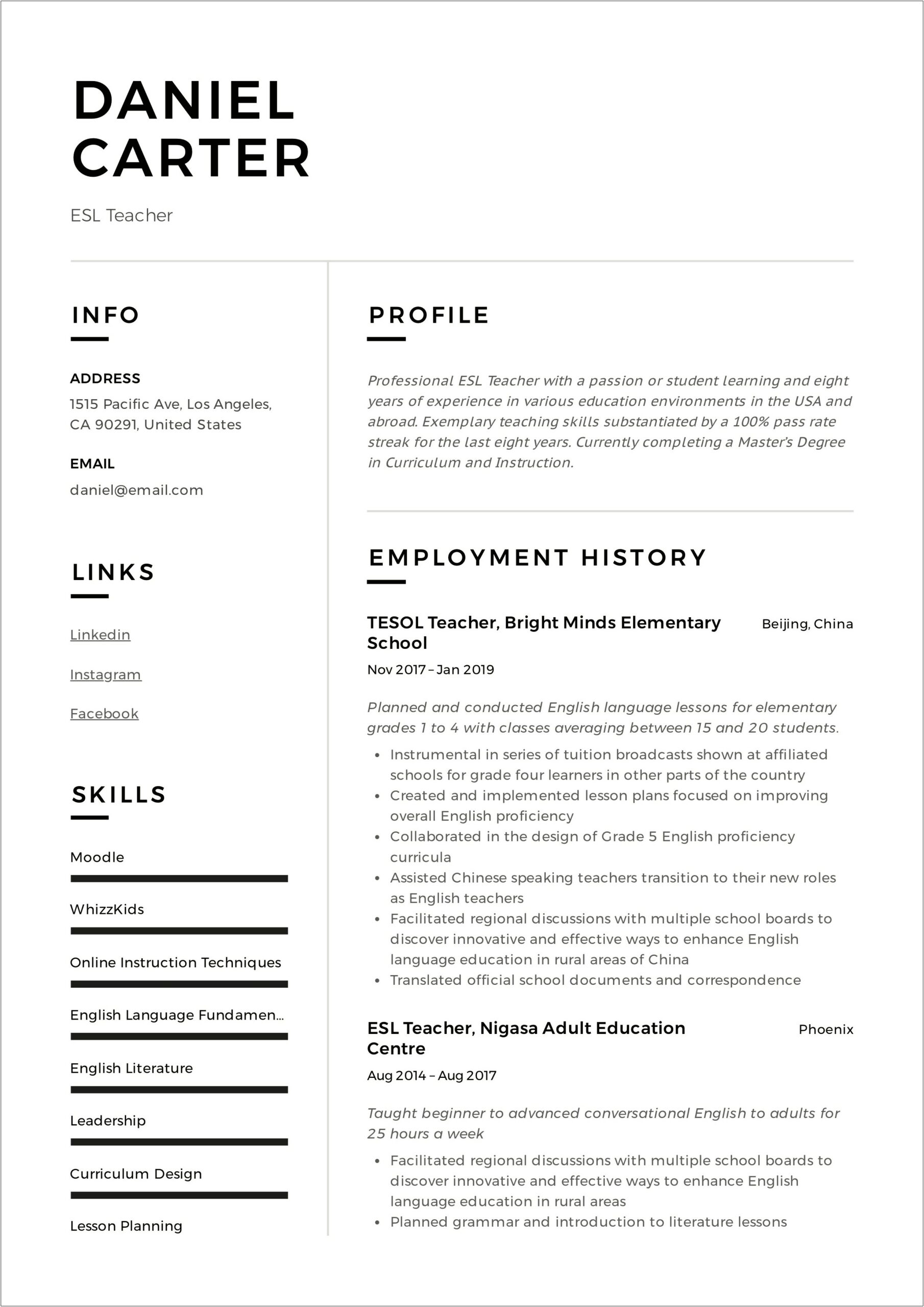 Resume Examples For English Language Learners