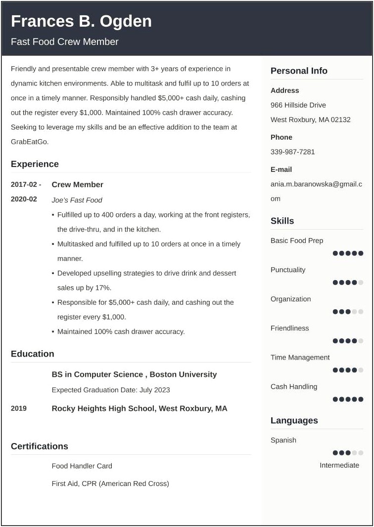 Resume Examples For Fast Food Jobs