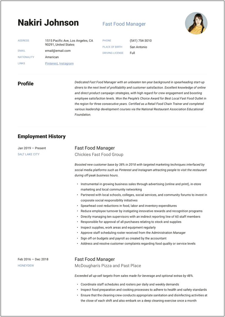 Resume Examples For Fast Food Manager