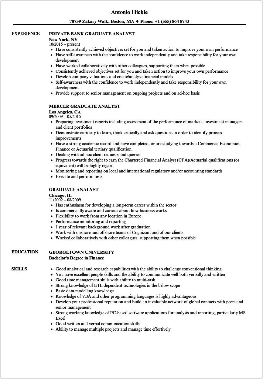 Resume Examples For Finance College Graduates