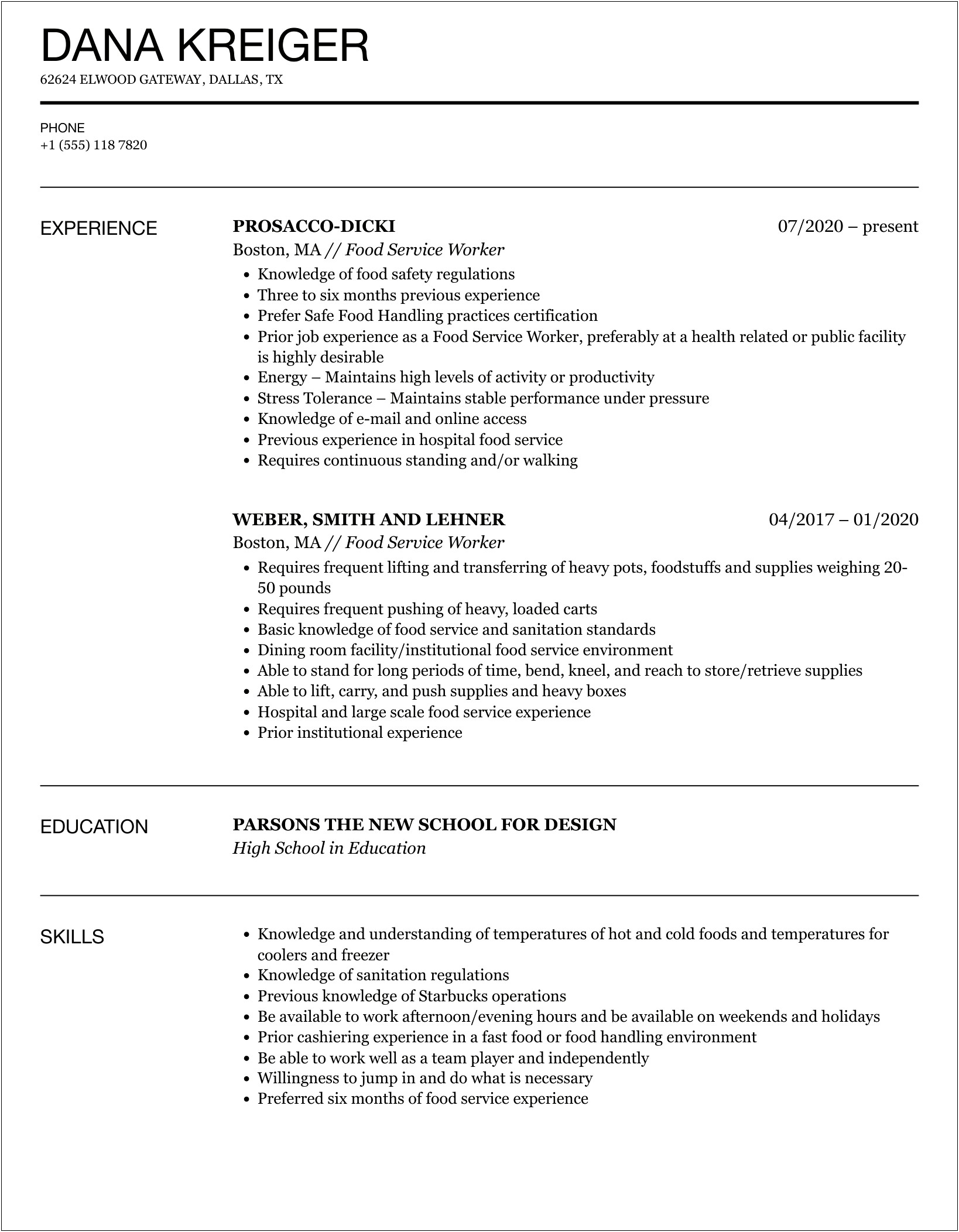 Resume Examples For Food Service Worker