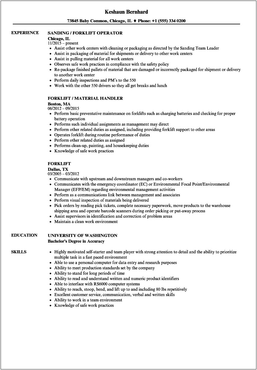 Resume Examples For Forklift Warehouse Jobs