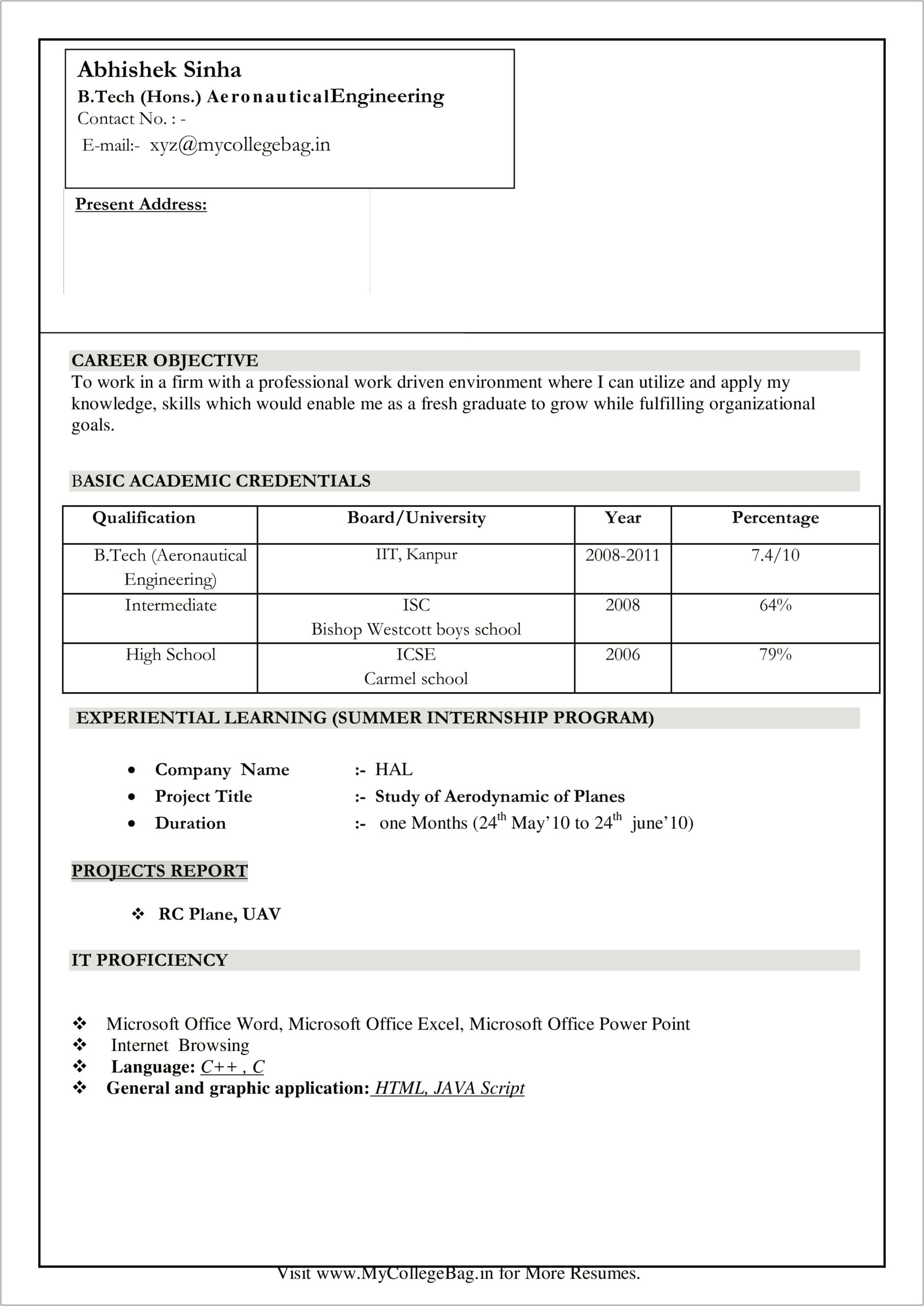 Resume Examples For Freshers Engineer