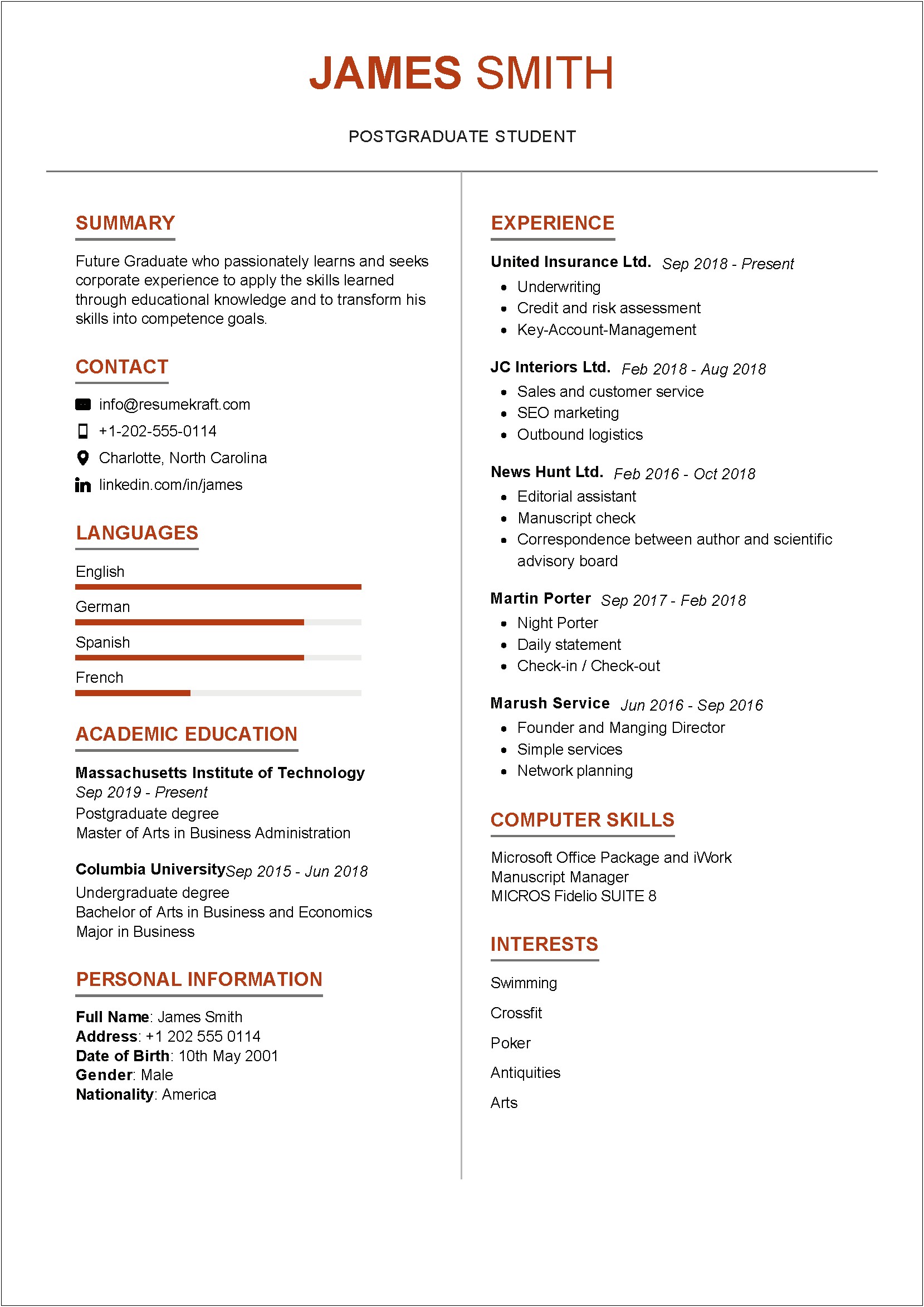 Resume Examples For Graduate School Stduent