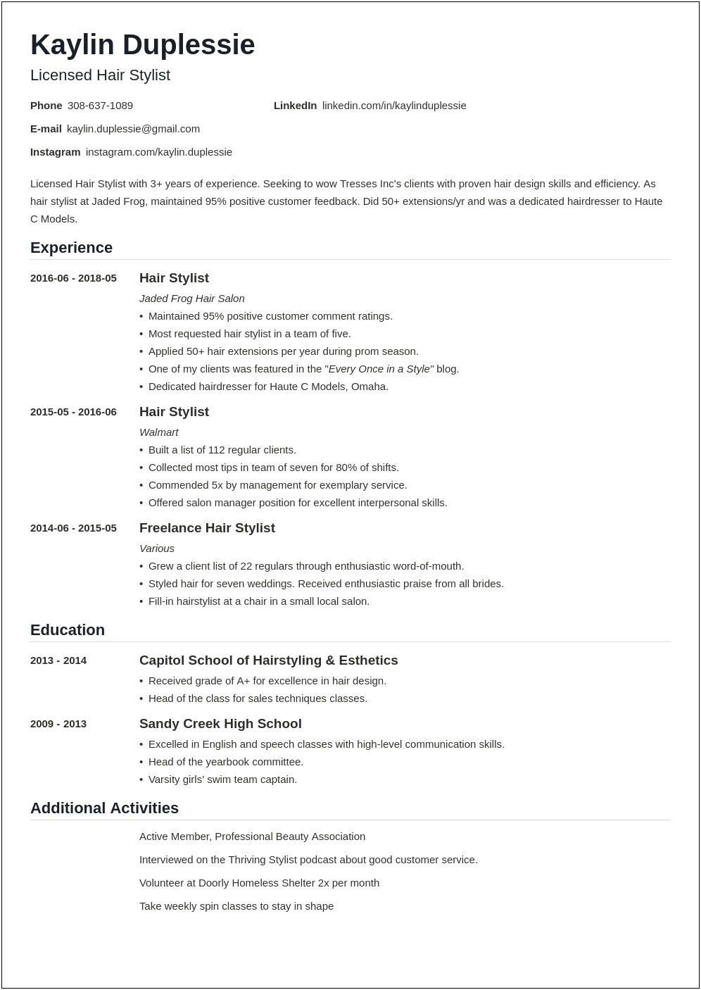 Resume Examples For Hair Salon Receptionist