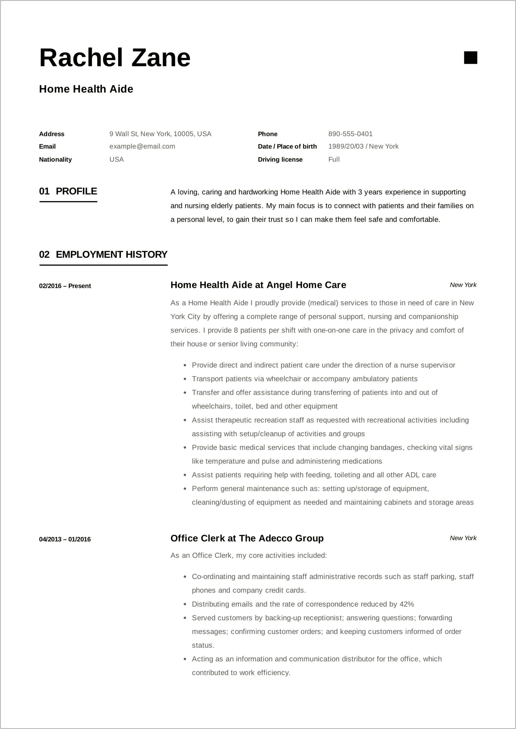 Resume Examples For Home Health Care