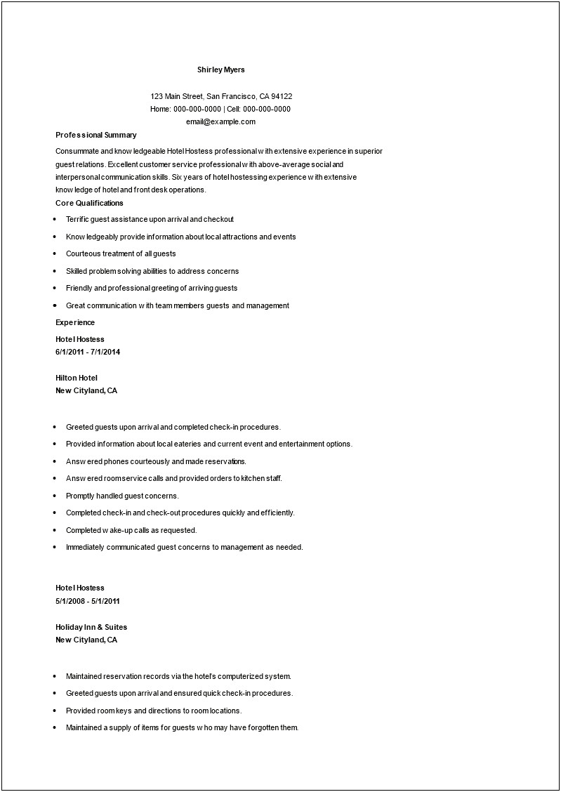 Resume Examples For Hostess Hotel Jobs