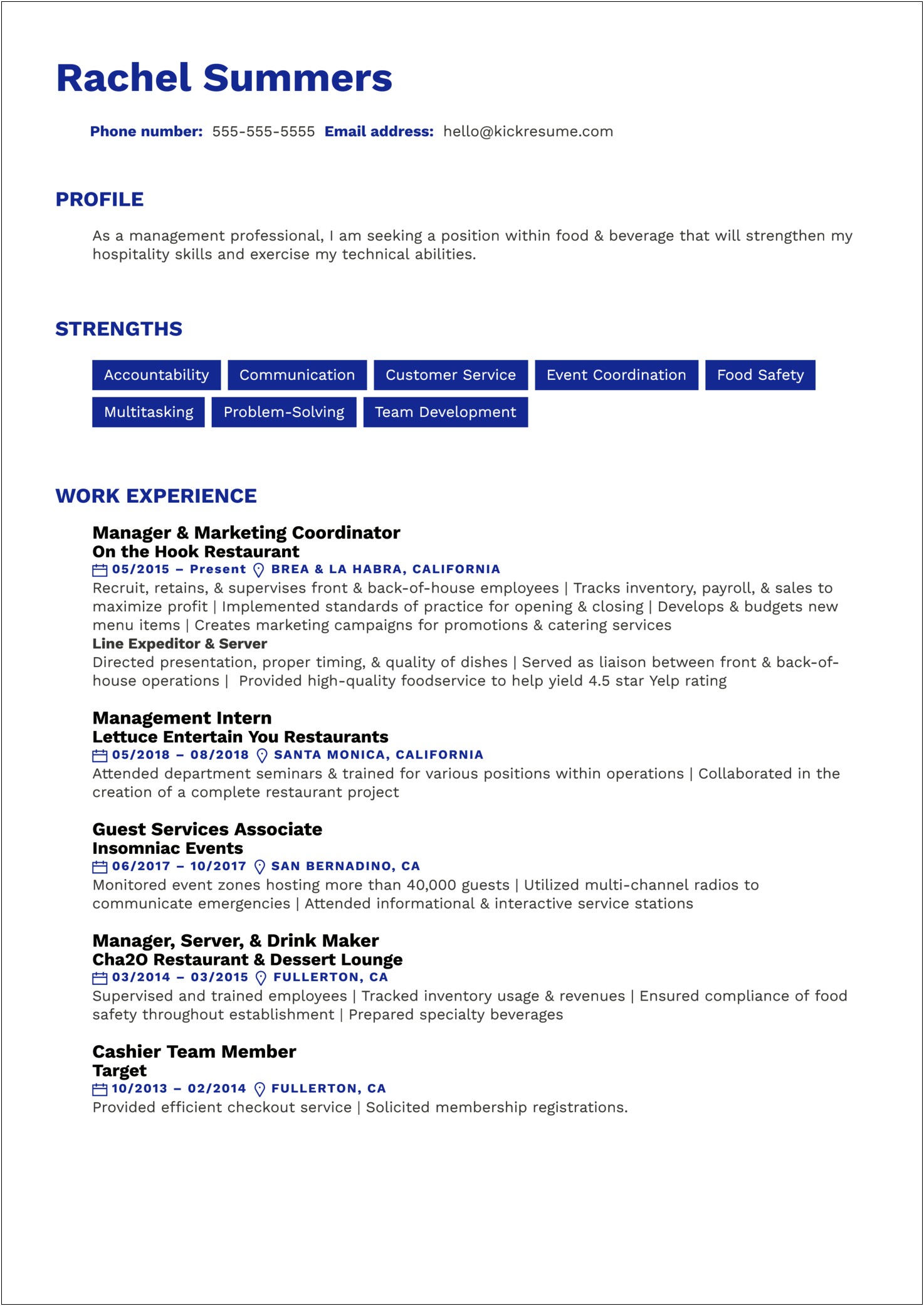 Resume Examples For Hotel Management Positions